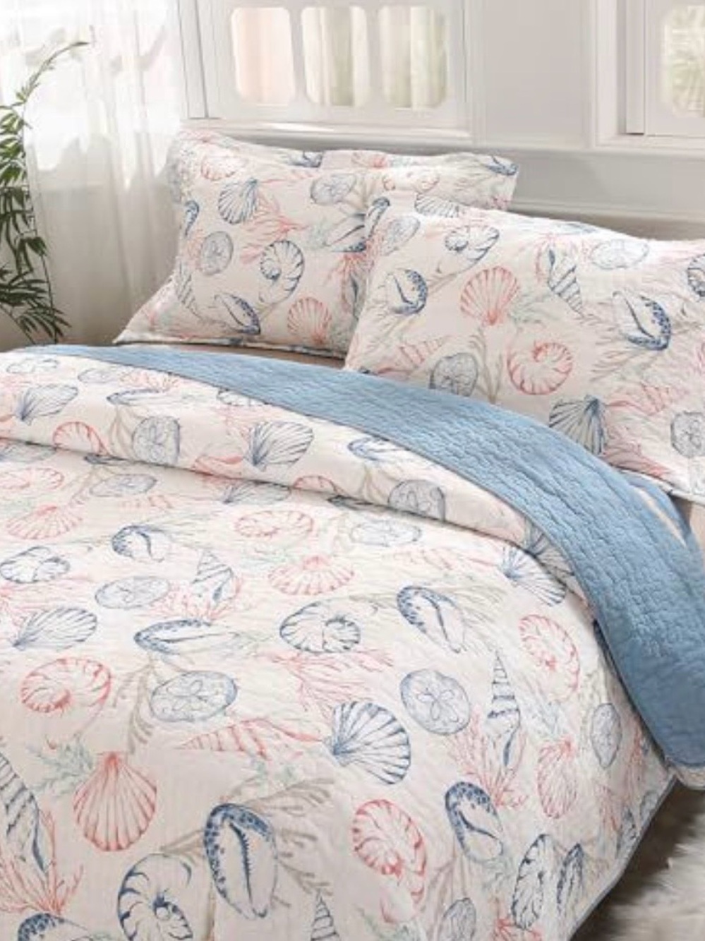 Coastal Shell Print Quilt Set in Blue and Pink - Abrand